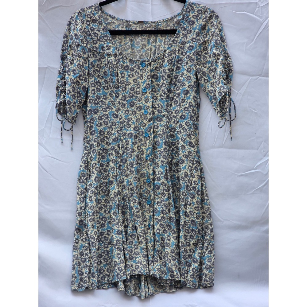Free People Blue Floral Lace Up Back Mini Dress Button Front XS OB1091080